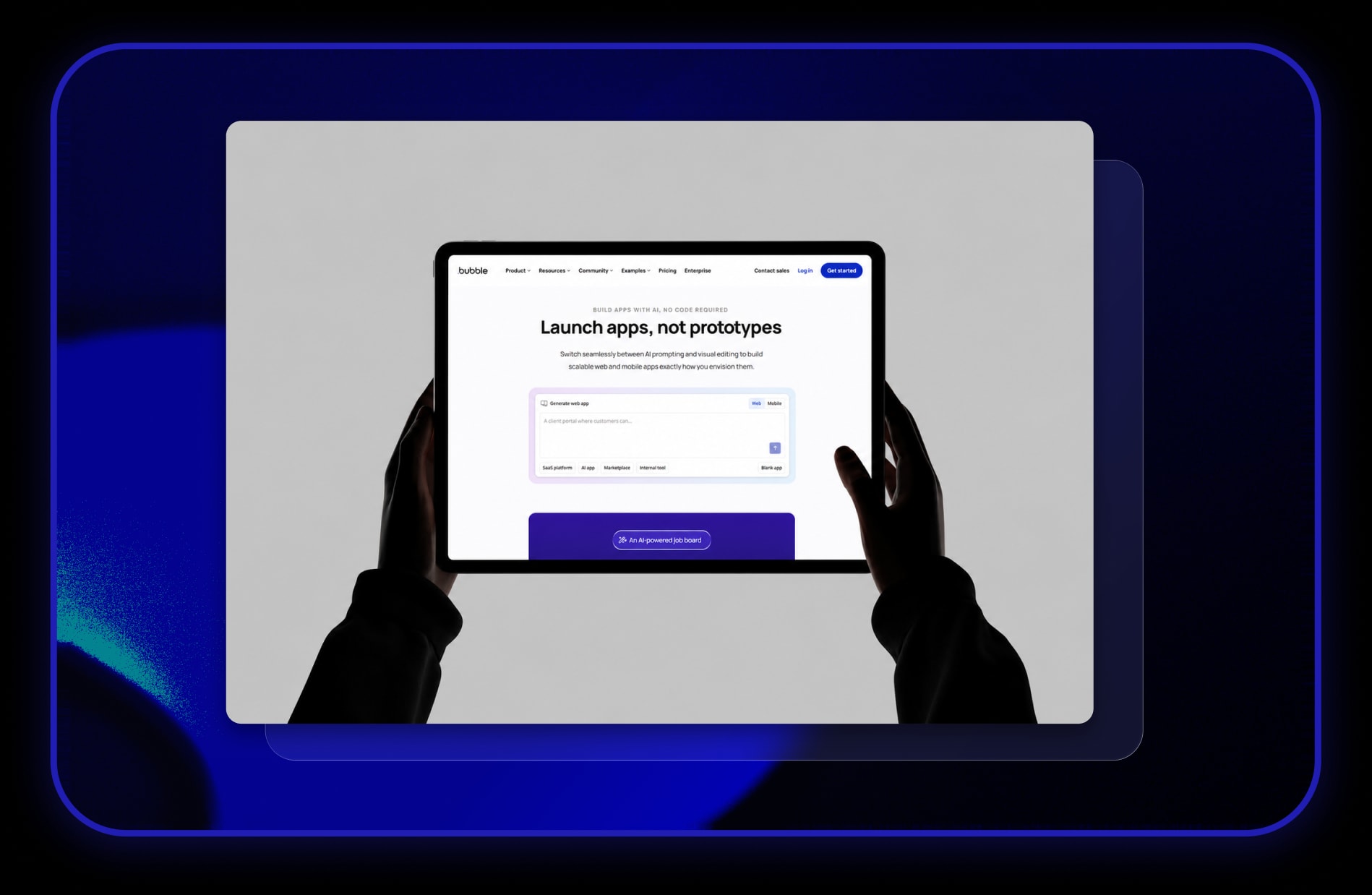 Hands holding a tablet showing the Bubble homepage with its AI app generator, the platform we build on