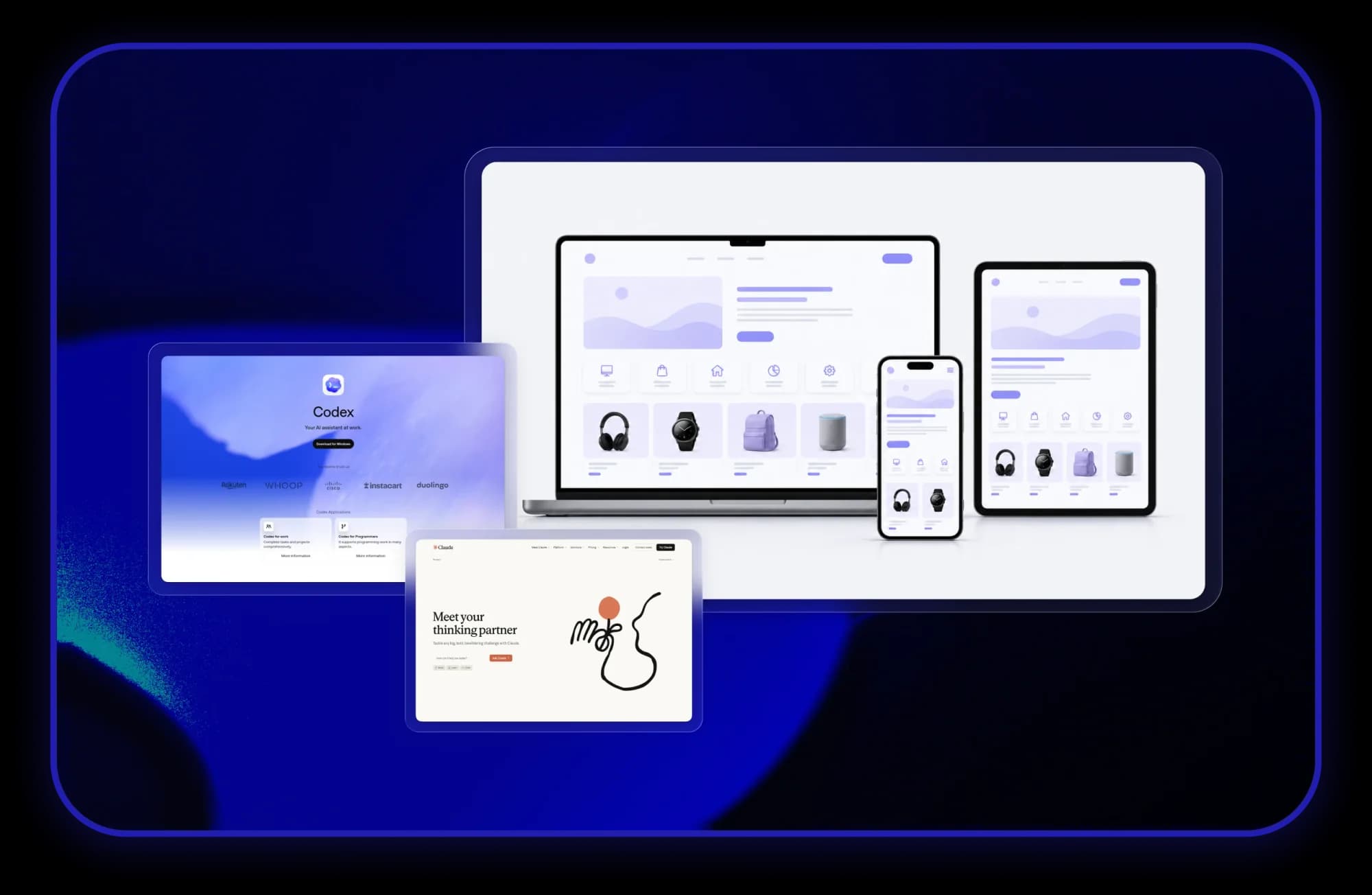 Responsive Produktentwürfe neben Claude- und KI-Entwicklungsfenstern
