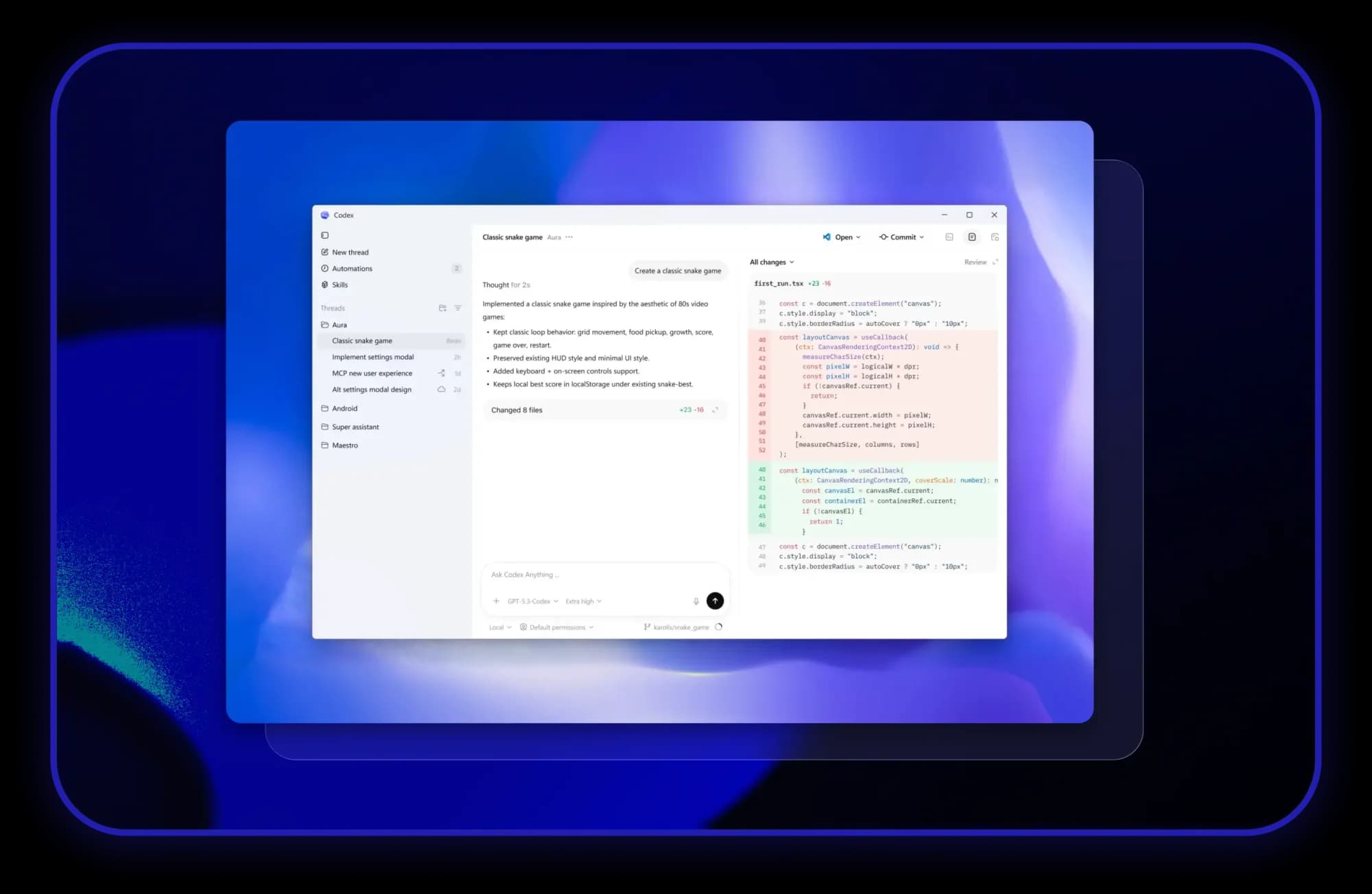 AI-assisted development workspace with conversation and code panels